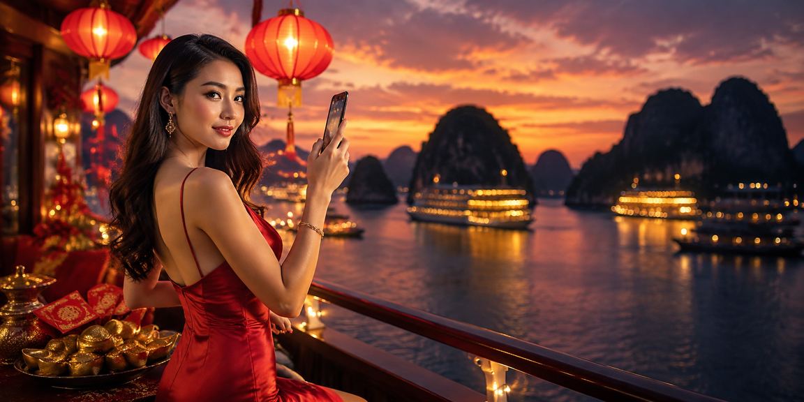 Khung cảnh vịnh Hạ Long về đêm với đèn lồng rực rỡ, biểu tượng cho trải nghiệm giải trí đặc sắc của người Việt